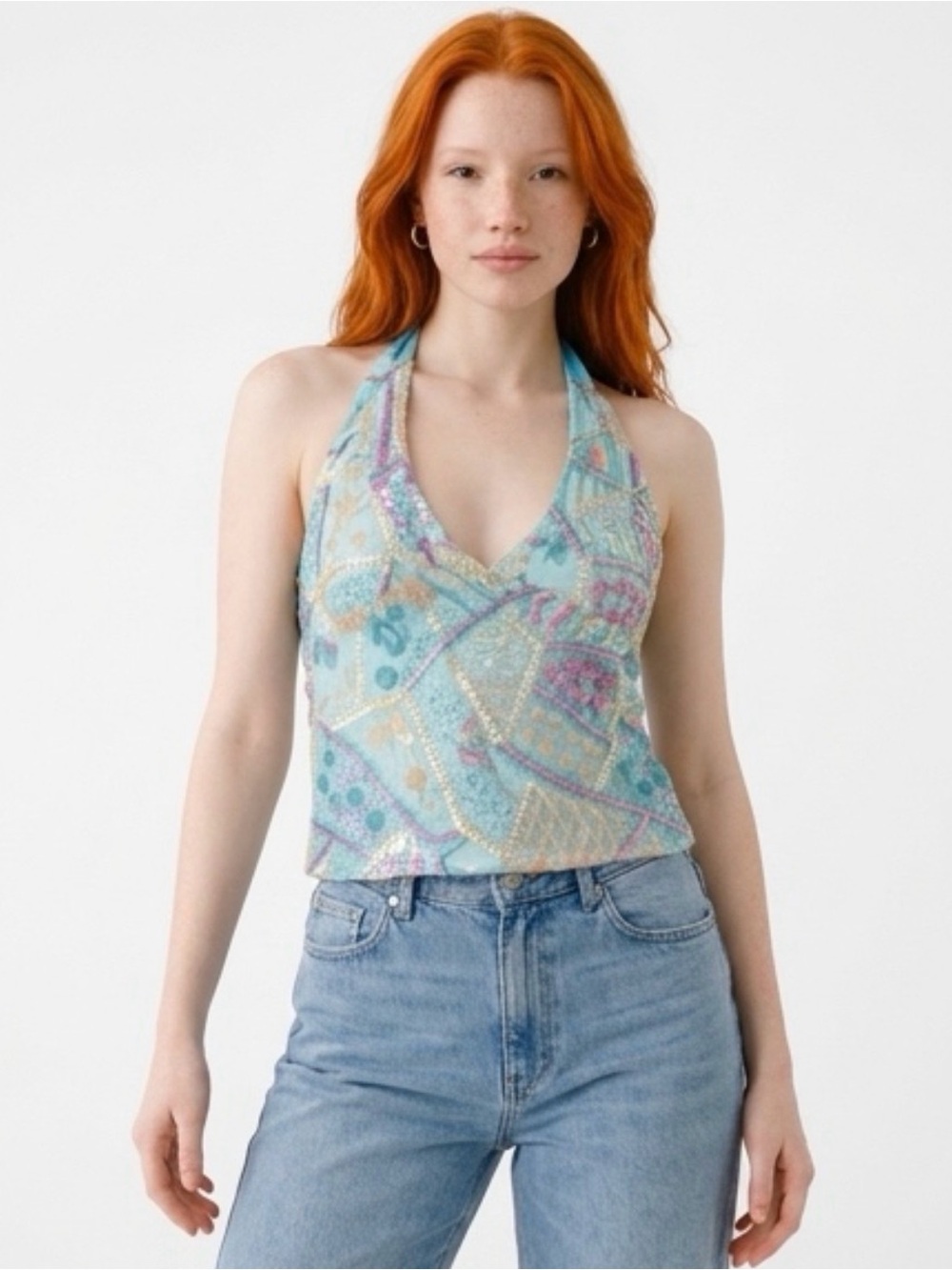 Women’s Halter Top in Aqua with Sequin Embellishment Size L